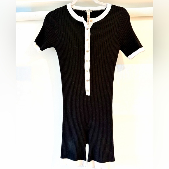 Free People Pants - Free People Black Textured Knit Romper with White Trim
